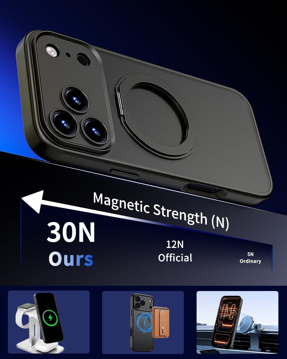 iPhone 17 Pro Case Upgraded 360° Spin Magnetic Stand, Black | Compatible with Magsafe, Military Protection, Full Camera Protection, Translucent Matte Phone Case for iPhone 17 Pro - Image 4