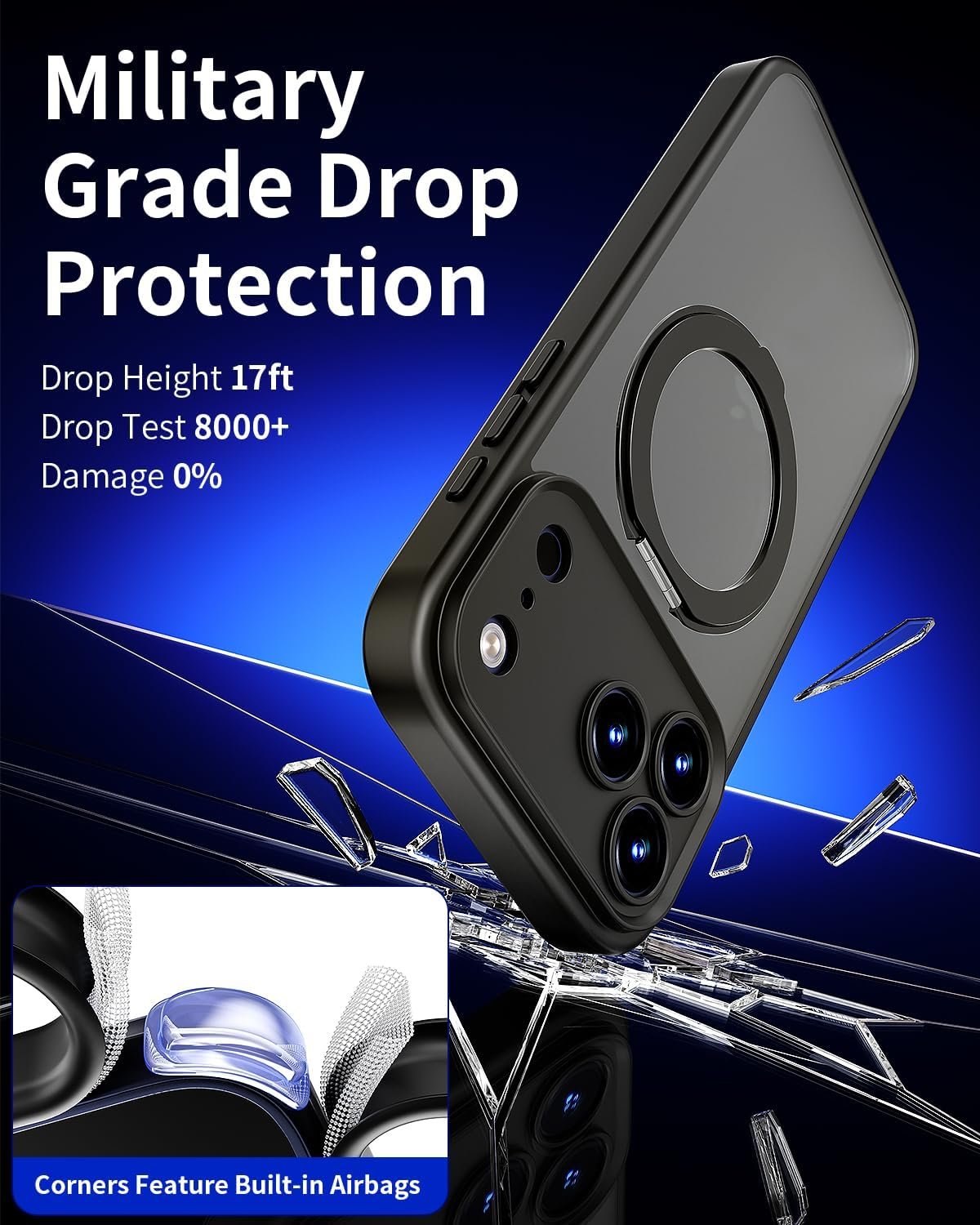 iPhone 17 Pro Case Upgraded 360° Spin Magnetic Stand, Black | Compatible with Magsafe, Military Protection, Full Camera Protection, Translucent Matte Phone Case for iPhone 17 Pro - Image 3