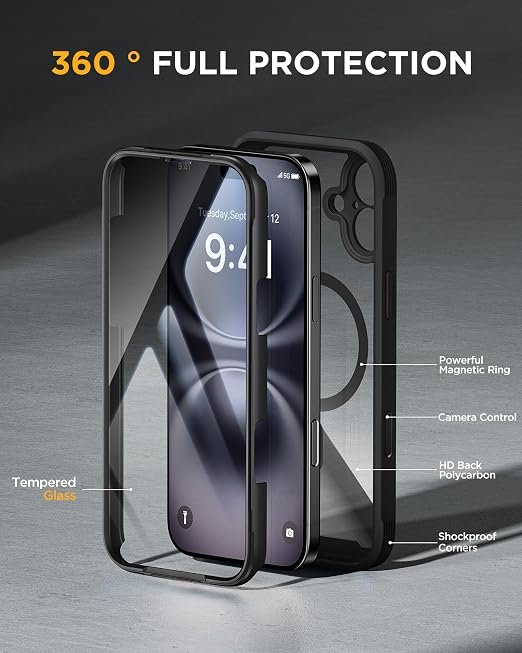 Miracase for iPhone 16 Case 6.1'', Full-Body Bumper Phone case with Built-in Full Glass Screen &Camera Control,No Gap,Compatible with MagSafe,Drop Proof 16 Cover,Black - Image 3