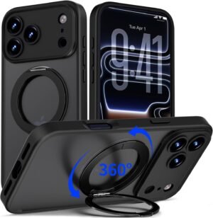 iPhone 17 Pro Case Upgraded 360° Spin Magnetic Stand, Black | Compatible with Magsafe, Military Protection, Full Camera Protection, Translucent Matte Phone Case for iPhone 17 Pro