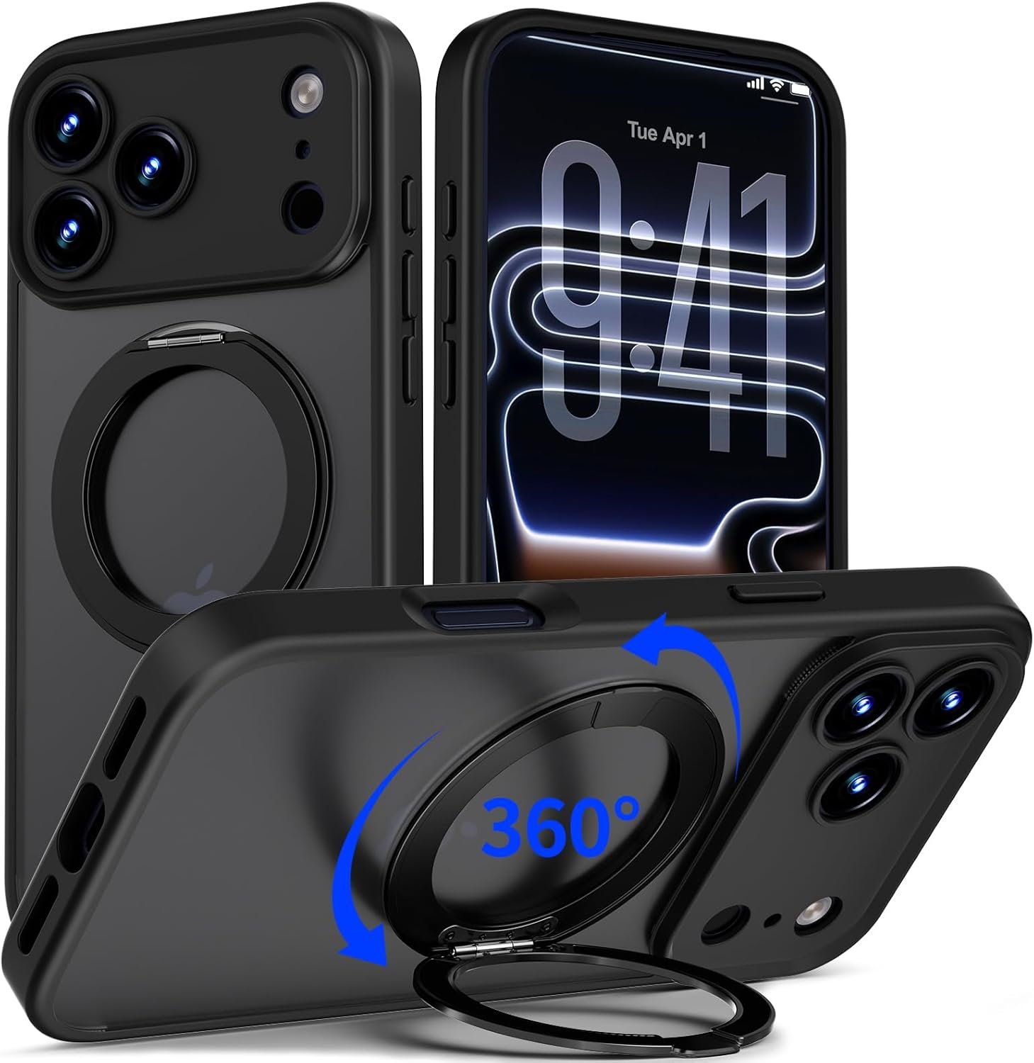 iPhone 17 Pro Case Upgraded 360° Spin Magnetic Stand, Black | Compatible with Magsafe, Military Protection, Full Camera Protection, Translucent Matte Phone Case for iPhone 17 Pro
